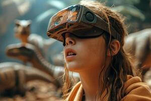 AI generated Young woman wears VR glasses and sees the dinosaur world. Illustration by artificial intelligence photo