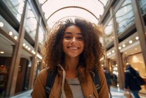 ai generado un turista joven persona tomando un selfie en el centrar foto