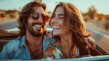 ai generado un divertido y aventurero foto de un Pareja en un la carretera viaje, sentado en un vistoso Clásico coche y riendo juntos