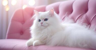 ai generado un blanco gato es sentado en el sofá foto