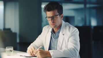 ai generado un hombre en lentes es sentado a un oficina trabajando con un médico en un blanco chaqueta foto