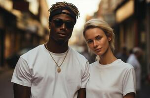 ai generado un hombre y mujer posando en frente de un calle, en el estilo de suave tonal rango foto