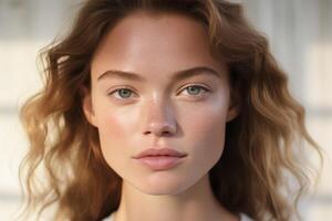 AI generated A minimalist beauty shot focusing on natural features, with soft lighting and minimal makeup, showcasing the model's natural beauty photo