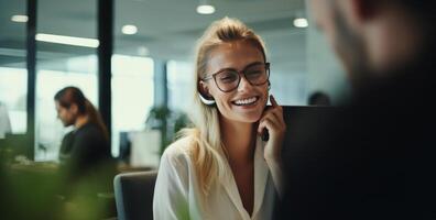 AI generated professional woman writing with pen and computer in a desktop work station photo