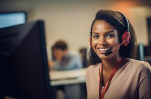 AI generated Contact center worker smiling at the computer photo