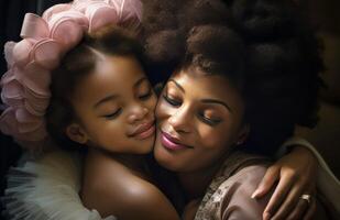 AI generated beautiful photo of a black mother and daughter relaxing together in close proximity