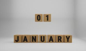 wooden cubes with arranged letters. January and 01 on blurry white background photo