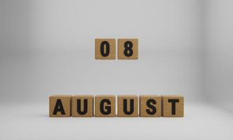 de madera cubitos con arreglado letras. agosto y 08 en borroso blanco antecedentes foto