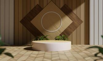 3d rendering podium product presentation, background with wooden floor and wall, and plant, light coming from top right creating a shadow photo
