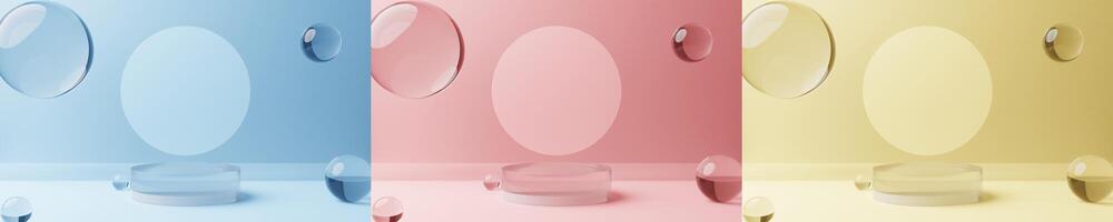3d minimalist glass podium product presentation with glass bubble, blue red and yellow color background photo