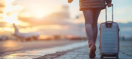 AI generated Professional businesswoman with suitcase walking at modern outdoor transport hub, space for text photo