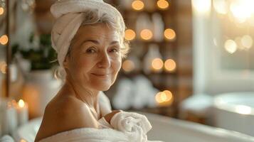 AI generated Tranquil spa retreat rejuvenating body care for lovely elderly woman amidst steam room, sauna, and water treatments, promoting relaxation and skin rejuvenation photo