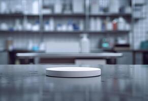 AI generated Pharmacology medicine stand mockup, empty podium on table with banner and copy space, showcasing pharmaceutical products, research, and innovation in the healthcare industry. photo