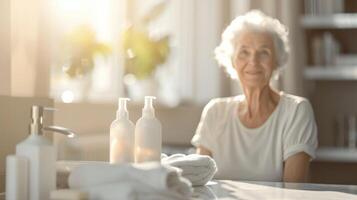 AI Generated Tranquil spa retreat. rejuvenating body care for lovely elderly woman amidst steam room, sauna, and water treatments, promoting relaxation and skin rejuvenation photo