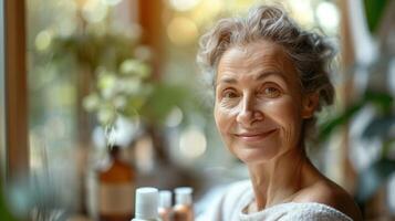 AI Generated Tranquil spa retreat. rejuvenating body care for lovely elderly woman amidst steam room, sauna, and water treatments, promoting relaxation and skin rejuvenation photo