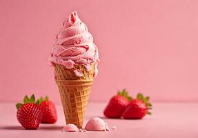 AI generated Strawberry ice cream with cone on lite pink background photo