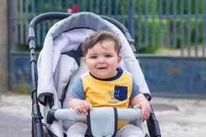 baby boy in stroller in the garden photo