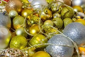 christmas background with bubbles, colorful christmas lights, christmas decorations photo