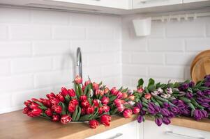 A large number of tulips of different colors lies on the table in the kitchen. Flowers in the sink photo