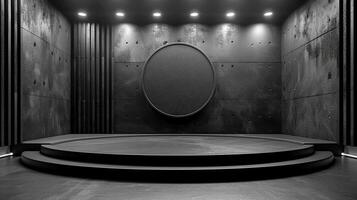 AI generated black and white photo of a stage with a circular light