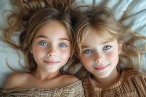 ai generado gemelo muchachas con cautivador azul ojos foto