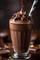 AI generated chocolate milkshake with a straw on a dark background photo