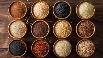 AI generated Variety of Whole Grains in Wooden Bowls photo