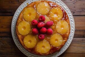 AI generated Pineapple Upside-Down Cake on Glass Plate photo