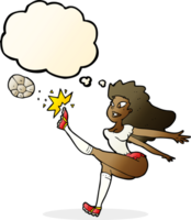 cartone animato femmina calcio giocatore calciando palla con pensato bolla png