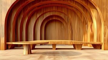 AI generated a wooden bench and table in a room with arched walls photo