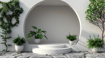 AI generated a white wall with a large archway and potted plants photo