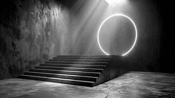 AI generated a black and white photo of a staircase with a light shining through it