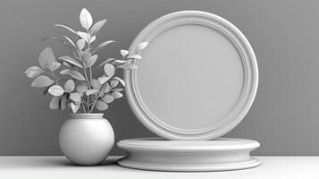 AI generated 3d render of a vase with a plant and an oval mirror photo