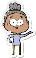 distressed sticker of a cartoon happy old woman png