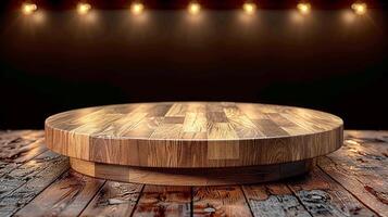 AI generated a wooden table on a wooden floor with lights photo