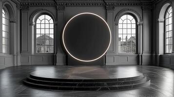 AI generated a circular light in a large room with windows photo