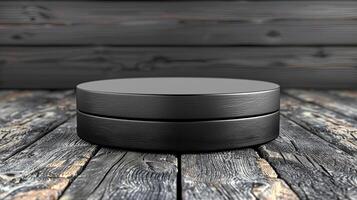 AI generated black round container on wooden background 3d render photo