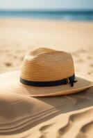 ai generado un Paja sombrero se sienta en el arena en el playa. foto