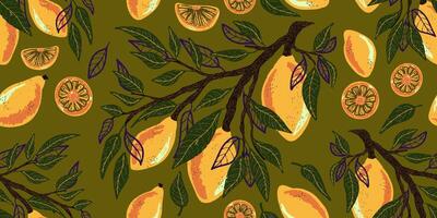 a pattern with oranges and leaves on a green background vector