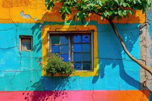 AI generated Colorful Vintage Wall with Quaint Window photo