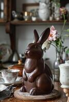 AI generated Chocolate bunny figurine with Easter eggs and yellow flowers on wooden table. photo