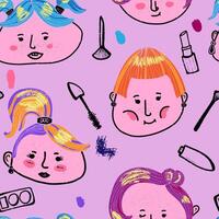 a pattern with children's faces and makeup items vector