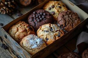 ai generado caja de varios hecho en casa galletas en un de madera mesa en un rústico ambiente foto