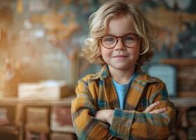 AI generated Confident Young Boy with Glasses Standing Cross-Armed in a Creative Classroom Setting photo