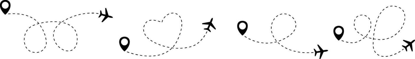 Airplane line path vector icon set of air plane flight route with start point and dash line trace. Various aircraft and destination location pins icons. Aircraft tracking, planes, travel, map