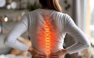 AI generated Woman with back pain, highlighting spine health issues in a conceptual representation photo