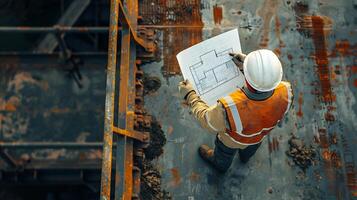 AI generated Construction Worker Reviewing Plans on Industrial Site, Architectural Focus photo