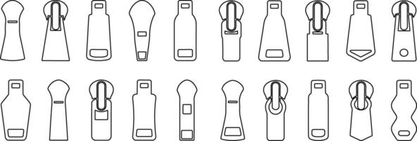 Set of different zippers. zipper pullers vector illustration zip heads, zipper slider line sketch collection