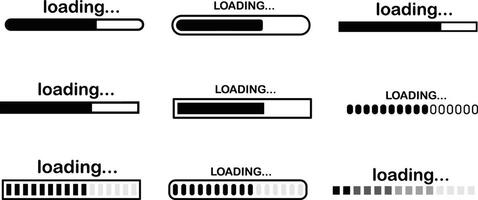 Load indicator. Loading status bar, download progress and line upload or file transfer waiting bars vector symbols set. Line visualization elements collection