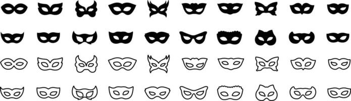 Set of line and flat carnival masks silhouettes. Simple black icons of masquerade masks, for party, parade and carnival, for Mardi Gras and Halloween. Mask elements. Face mask vector